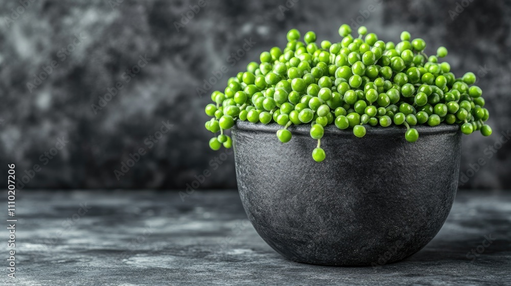 Poster String of Pearls succulent in a dark bowl showcasing greenery against a textured background for home and garden decor inspiration
