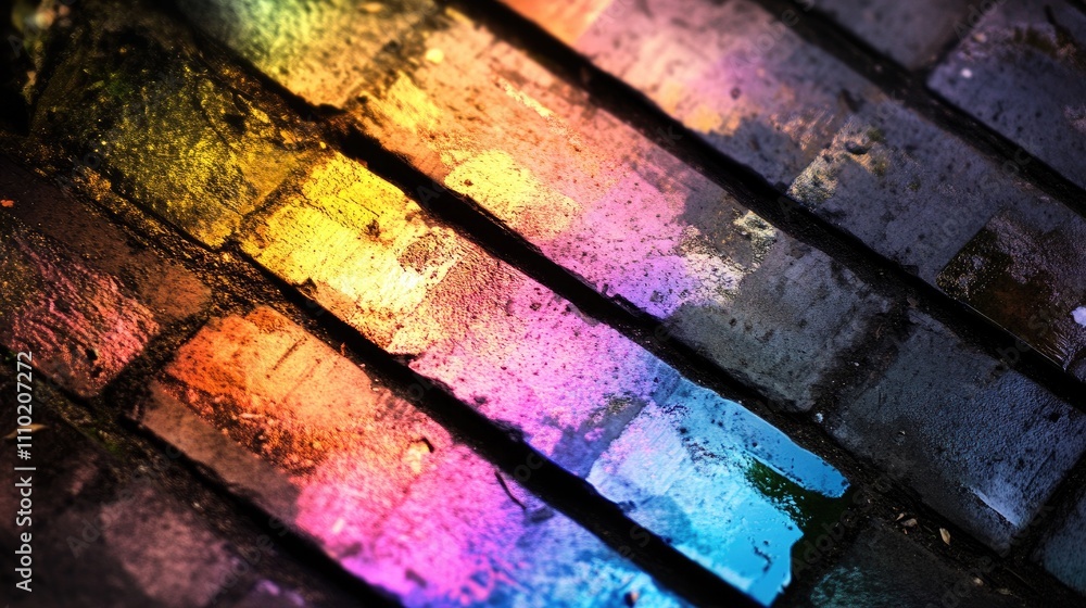 Poster colorful reflections on rustic brick surface enhanced with editing techniques