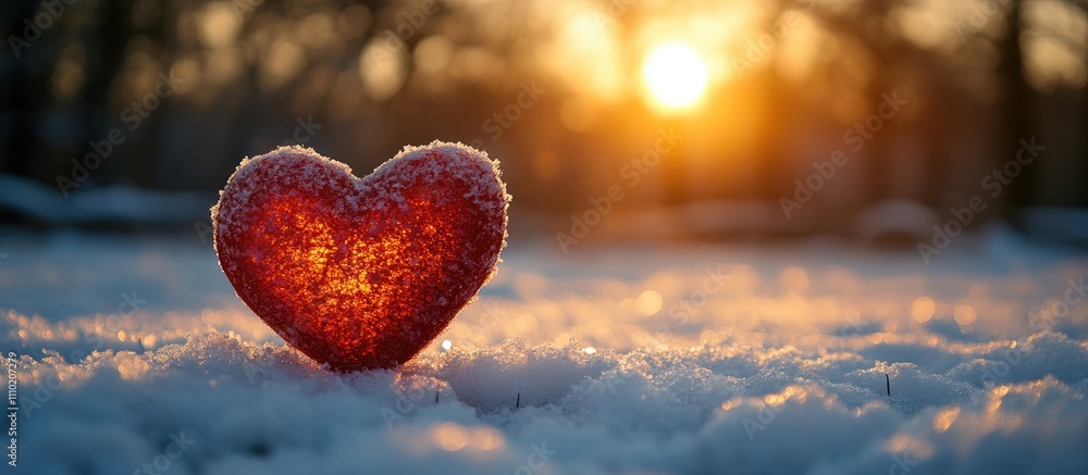 Aufkleber heart shaped decoration on snow at sunset with warm light creating a romantic atmosphere and space f