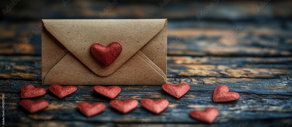 Poster craft paper envelope with heart seal surrounded by scattered red hearts on a rustic wooden surface w