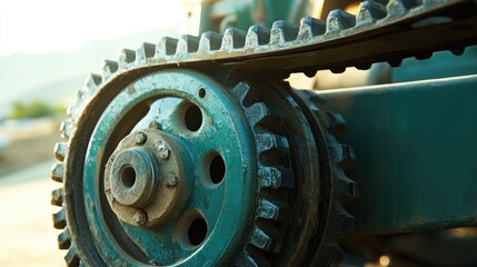 Industrial machinery close-up of an aged chain gear highlighting the intricate details and wear on the mechanical components.