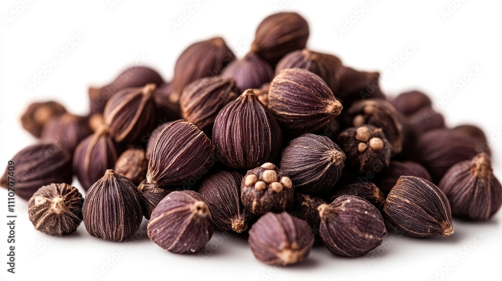 Poster salacca or zalacca seeds grouped together on a clean white background showcasing their unique textur