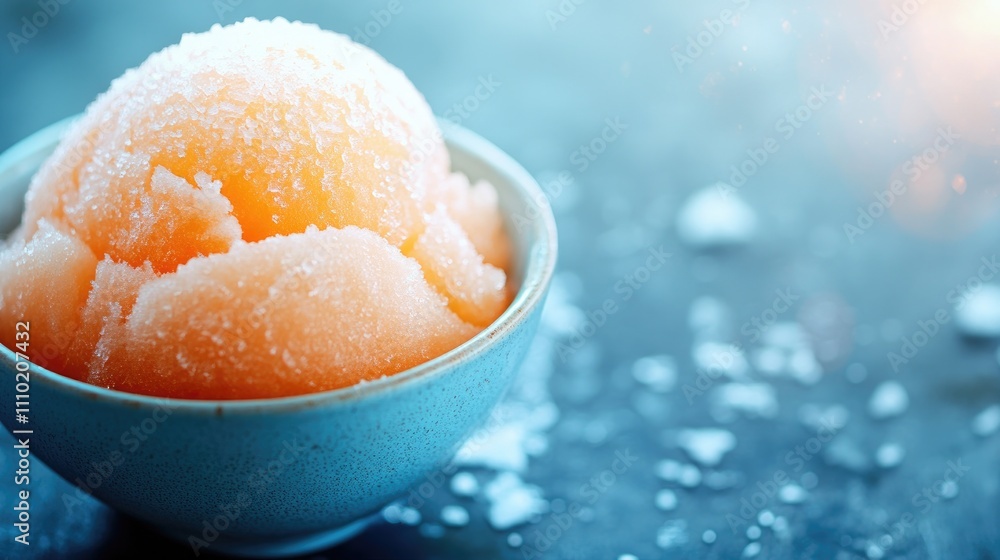 Poster refreshing shaved ice dessert with cantaloupe in a bowl enhanced by a dreamy flare effect on a textu