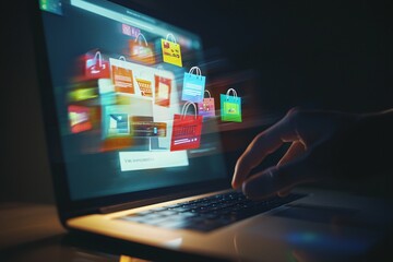 A laptop displays vibrant sale tags and product images for online shopping discounts, with a hand poised over the keyboard, highlighting the thrill of effortless deals.