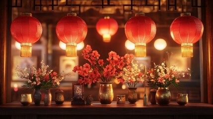 Vibrant Red Lanterns Hanging from Wooden Beam with Floral Arrangements
