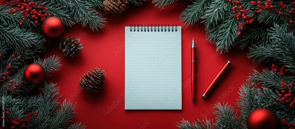 Aufkleber red notepad and pen on a festive red table surrounded by fir branches and holiday decorations creati