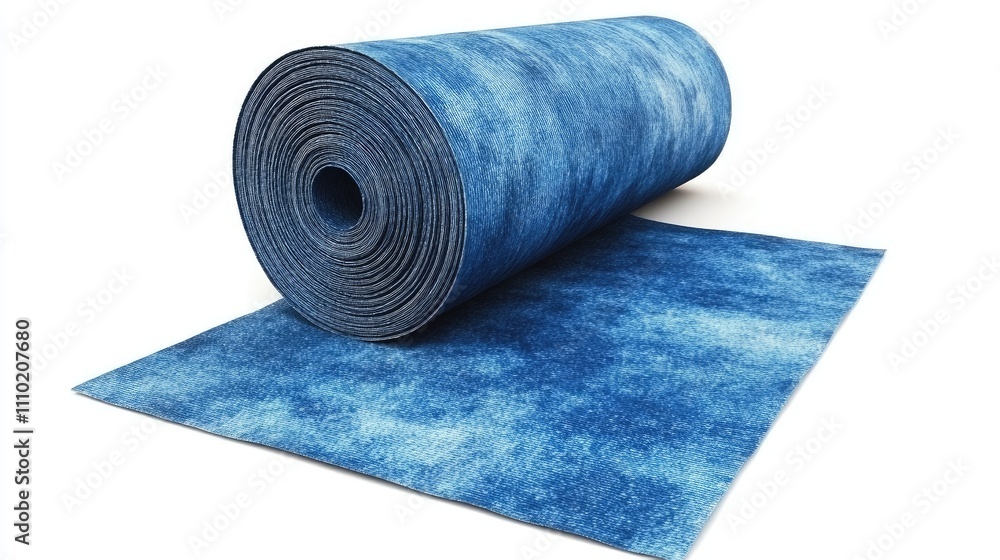 Poster Blue nonwoven fabric roll displayed on white background showcasing texture and color ideal for textile and design projects.
