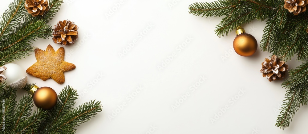 Poster christmas flat lay with tree branches ornaments and cookies on minimalistic background ideal for hol
