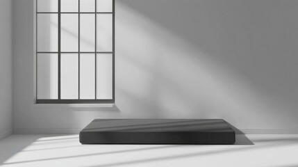 Minimalist bedroom setup featuring a mattress by a sunny window in a bright, airy room with a clean white background. Ideal for modern decor.