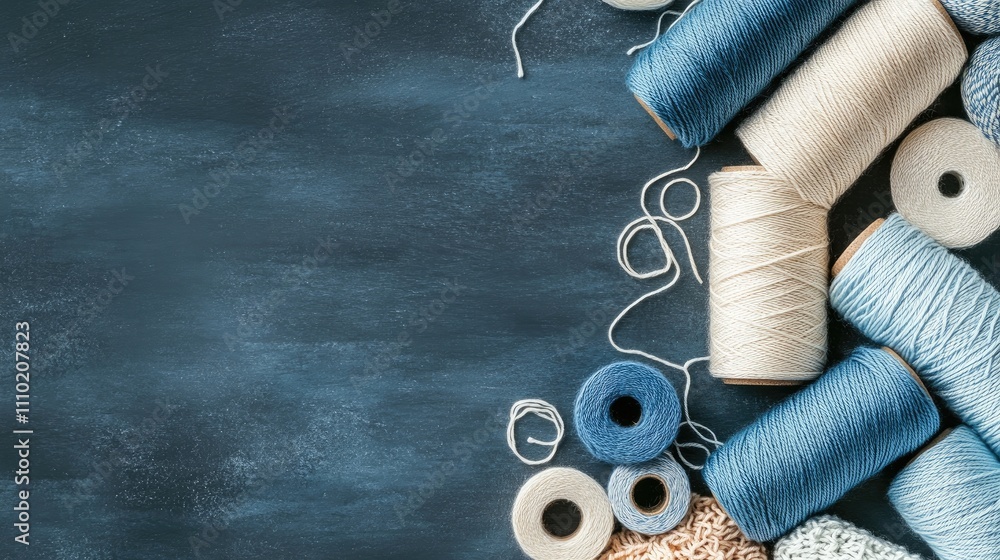 Poster knitting threads in various shades arranged artistically with knitted textures on a dark teal backgr