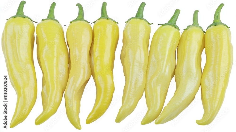 Poster fresh yellow sweet peppers arranged in a line on a white background showcasing whole and sliced vari