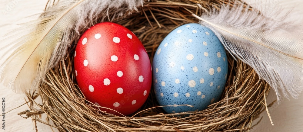 Poster Decorative red and blue polka dot eggs in a bird nest with soft feathers for a colorful spring or Easter theme
