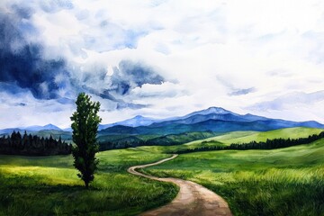 Obraz premium A painting of a road in a grassy field with a tree in the foreground