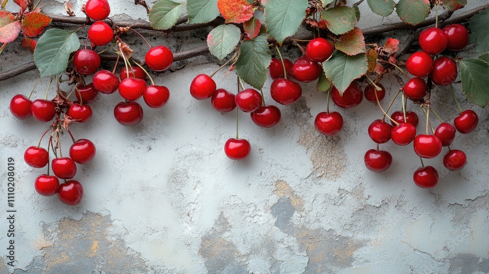 Poster freshly harvested cherries showcasing vibrant red color on a textured concrete background with green
