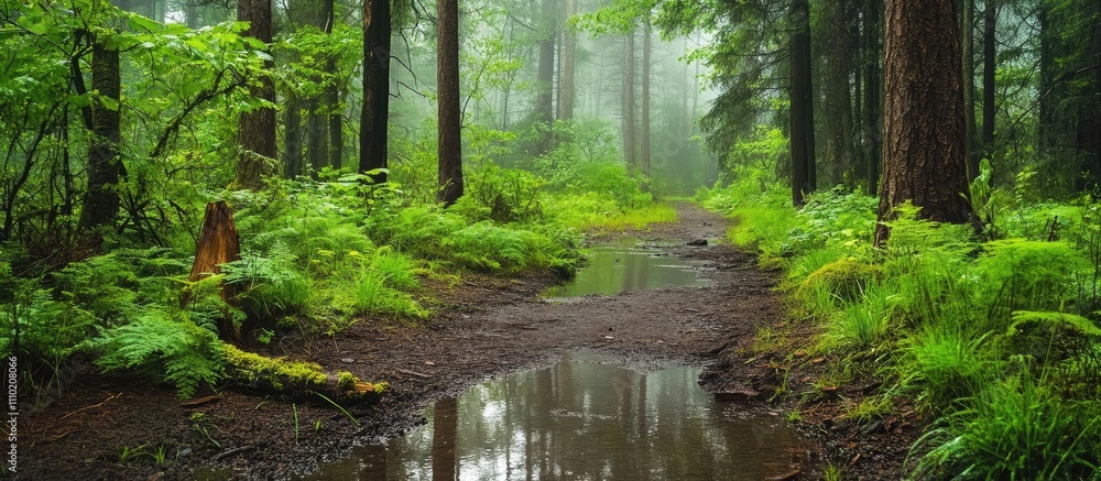 Poster Tranquil forest pathway surrounded by lush greenery and reflections after rain creating a peaceful natural ambiance