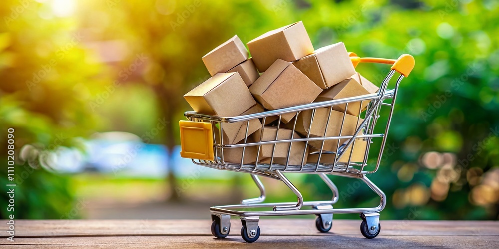 Poster a small shopping cart filled with cardboard boxes symbolizing online shopping and e-commerce against