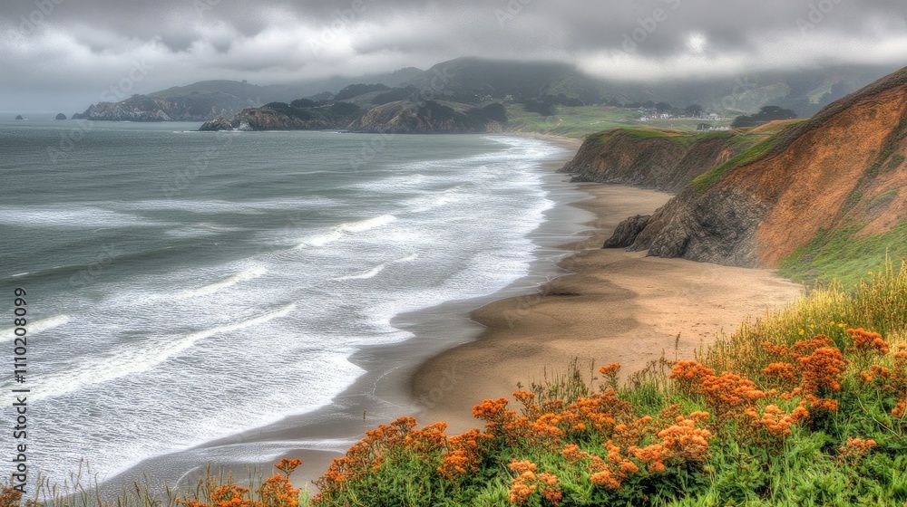 Aufkleber scenic coastal view of rocky shoreline with waves lapping on sandy beach under cloudy sky and vibran