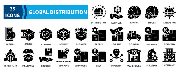 Global Distribution icon collection set. Containing global distribution, services, export, import, expansion, digital, cargo, logistic, delivery, strategy icon. Simple black fill vector.