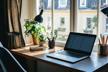 A contemporary home office setup showcases a chic desk with a laptop, an ergonomic chair, and trendy decor, all bathed in uplifting natural light.