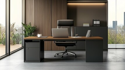 A modern office setup features a sleek desk with a laptop, ergonomic chair, notepad, and coffee cup, highlighting effective remote work solutions.