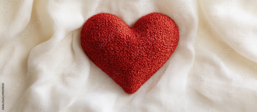 Poster Red textured heart placed on soft white fabric representing love and affection in a minimalist setting