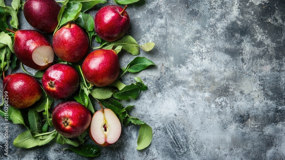 Poster red apples with green leaves on a textured gray background showcasing fresh organic produce for a he