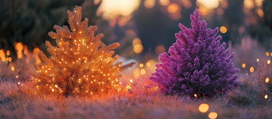 Comparison of artificial holiday trees with lights beside a natural tree in a serene outdoor landscape setting during twilight.