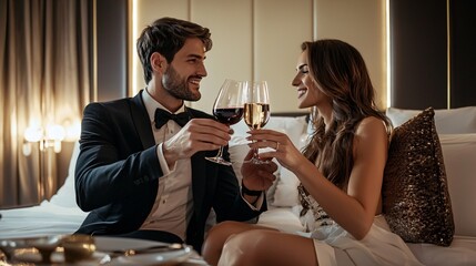 A couple enjoys a romantic dinner with candlelight and fine dining in an elegant setting, creating a perfect intimate getaway.