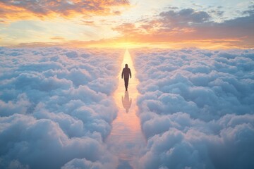 Spiritual journey through clouds serene skies digital art dreamlike atmosphere wide angle view inspirational concept