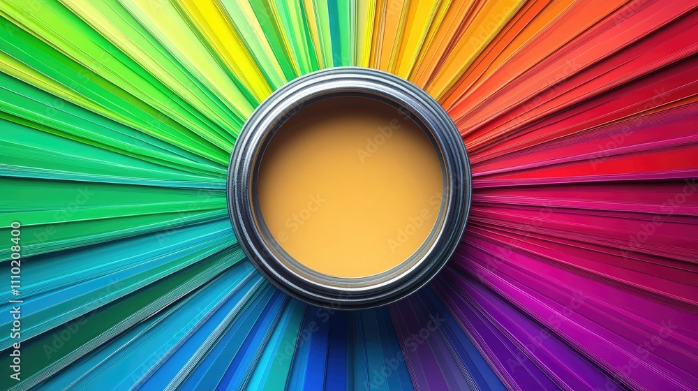 Aufkleber vibrant color palette with paint can in center showcasing empty can surrounded by a spectrum of hues