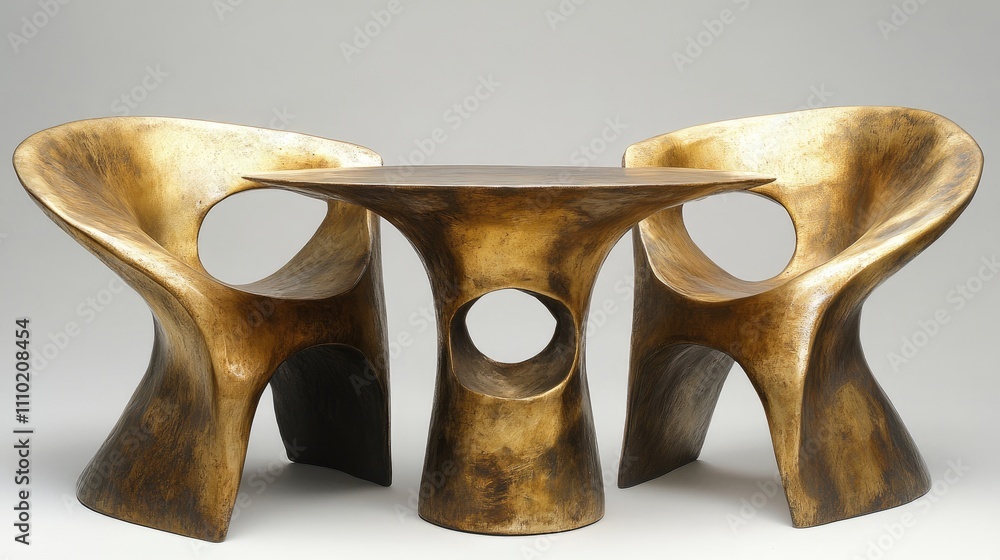 Poster Modern bronze round table with two artistic chairs showcasing unique design and craftsmanship in a minimalistic setting