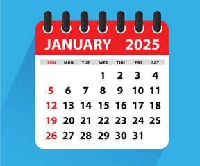 January 2025 Calendar Leaf. Calendar 2025 in flat style. January 2025 Calendar. Week starts on Sunday. Blank Calendar Template. Stationery Design. Vector Illustration