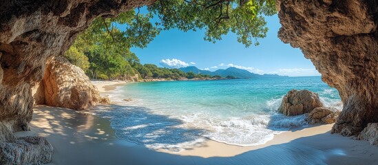 Secluded Cove View with Clear Waters and Lush Greenery on a Private Beach Escape