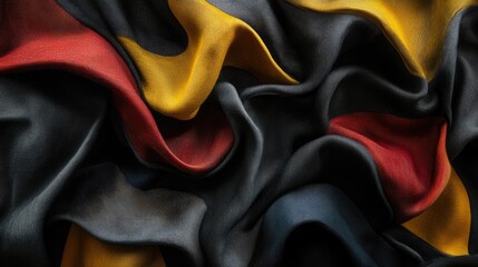 Close-up of wavy fabric flag in black, red, and yellow colors, artistically arranged on folded cloth, emphasizing texture and flow, textiles, design, patriotism, abstract.