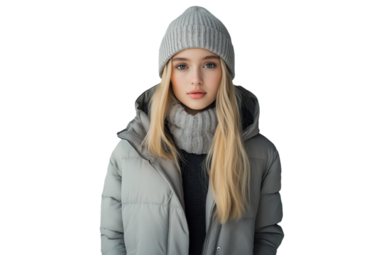 isolated portrait of a young woman in a light gray puffer jacket and knit scarf with matching beanie