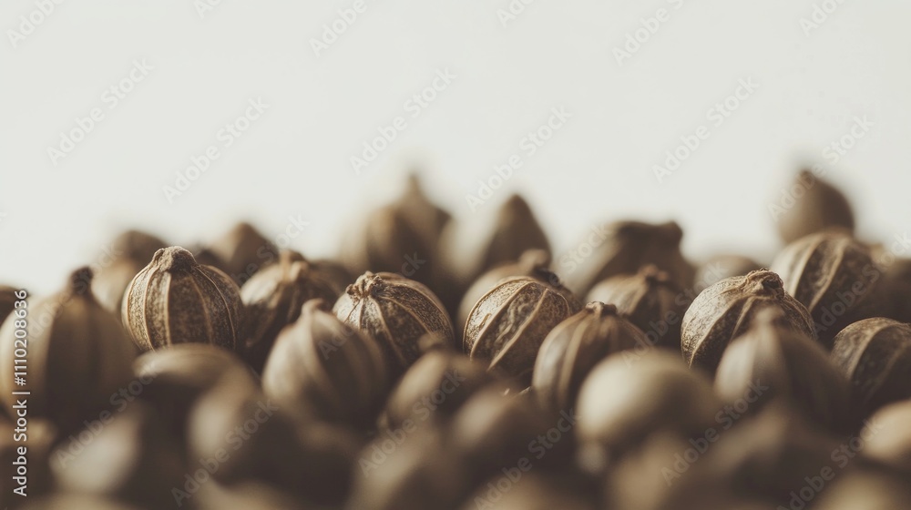 Poster dried coriander seeds in close-up showcasing their unique texture and rich brown color ideal for cul