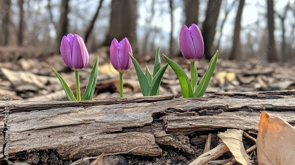 Poster Purple tulips emerging from a rustic log in a serene spring forest setting amidst fallen leaves and soft natural light