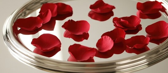 Elegant red rose petals artfully scattered on a reflective silver tray creating a romantic and luxurious ambiance for decor or events.