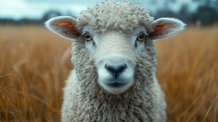 Fototapeta premium Curious Sheep Portrayed in Natural Setting with Soft Textures and Warm Tones in a Serene Pastoral Landscape