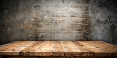 A Rustic Wooden Tabletop Against a Weathered Concrete Wall, Ideal for Product Display or Product Mockups