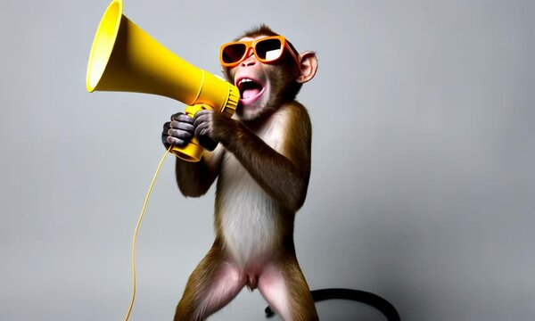 Super sale. Cool monkey with megaphone is making an announcement. Marketing, sale, discount concept. Funny animation