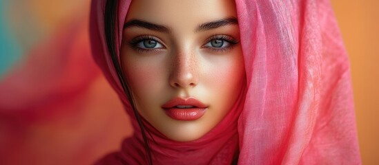 Naklejka premium Portrait of a young woman in a vibrant hijab with striking features against a colorful background showcasing beauty and elegance