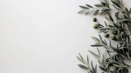 Fresh green olive leaves arrangement on a white background for organic and natural product banner design with space for text