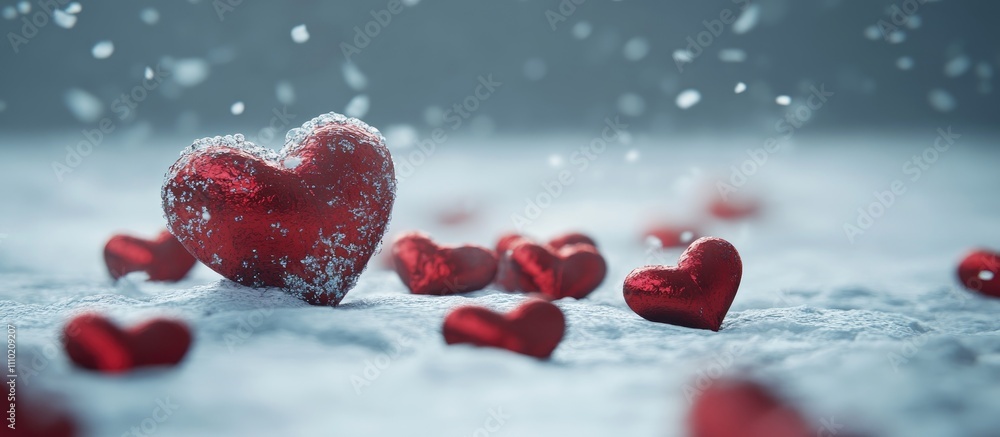 Poster snowy scene with reflective red hearts scattered on white snow creating a romantic and tranquil wint