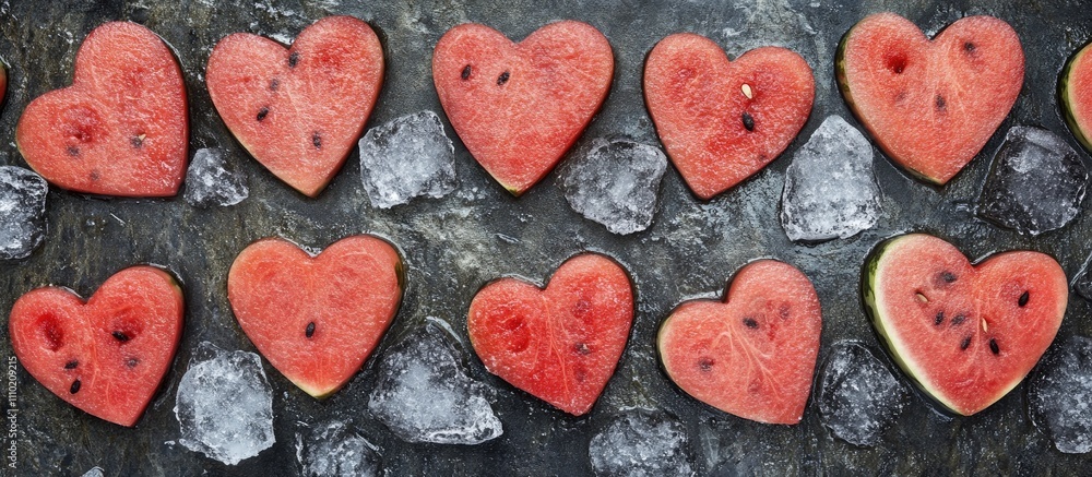 Poster red watermelon slices shaped like hearts on crushed ice with a dark textured background, viewed from