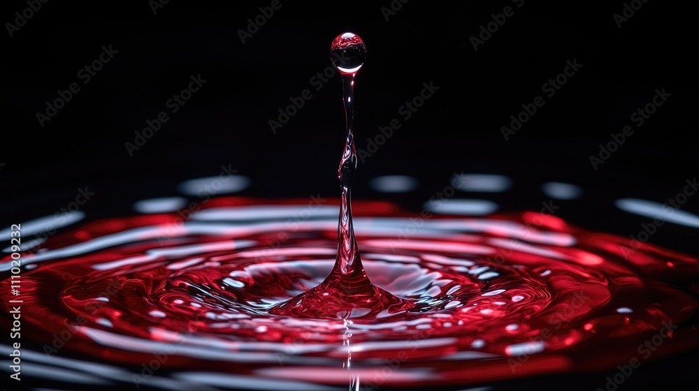 Poster Red wine glass with a drop falling onto the surface creating ripples against a dark background showcasing textures and colors of the wine.
