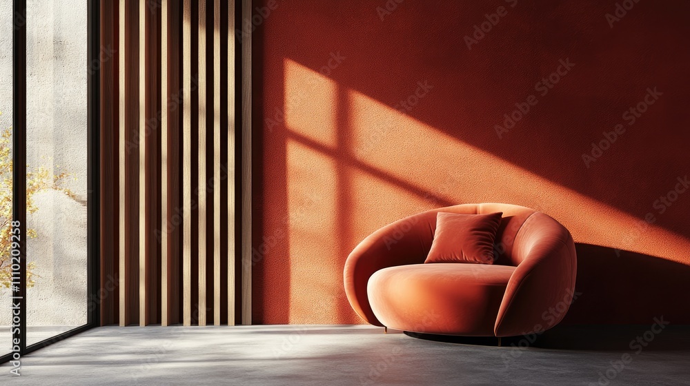 Poster stylish fabric chair in a modern color room with natural light creating shadows for spacious empty i