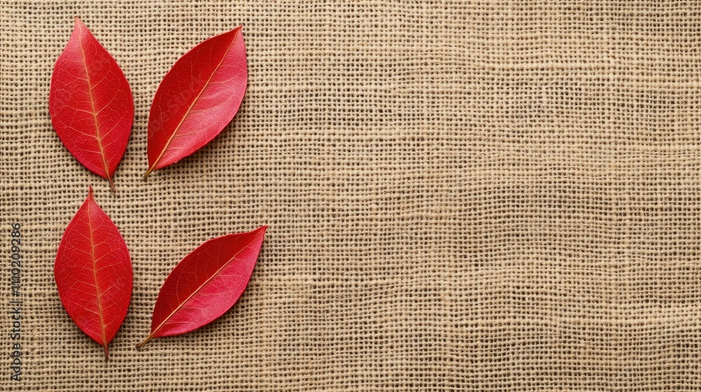 Poster red elm leaves arranged on a burlap background showcasing autumn colors and natural textures for sea