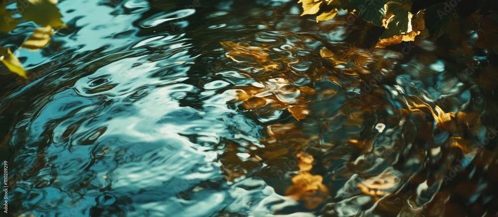 Aufkleber gentle ripples on a lake surface with autumn leaves creating reflections in tranquil waters under so