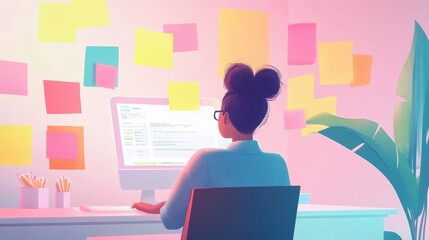 An illustration of A creative depiction of stress as a weight being lifted as an employee practices gratitude journaling at their workstation 